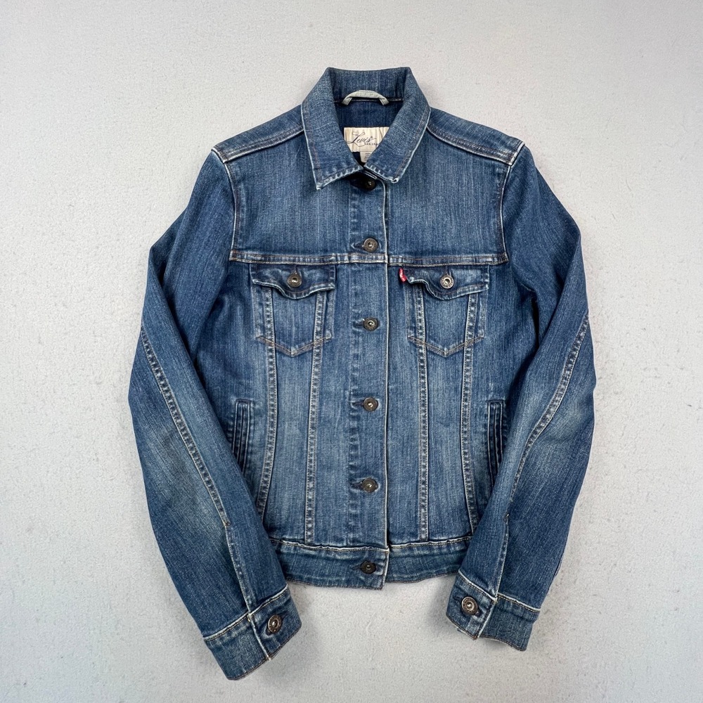Levis Denim Trucker Jacket Womens Medium Blue Button Front Classic Western Style